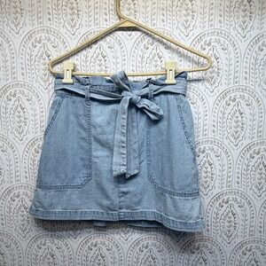 American Eagle Denim Mini Skirt Womens Small Light Wash Paperbag Waist Tie Belt